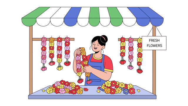 Fresh Flower Stall: An illustration of a female vendor in an outdoor stall meticulously arranges colorful flower garlands, surrounded by heaps of vibrant blooms.