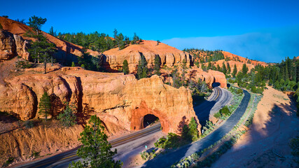 Aerial Red Canyon Tunnels Road and Red Rock Formations in Utah