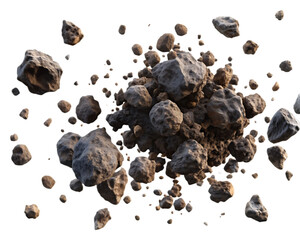Rocky asteroid fragments floating in space debris isolated on a transparent background