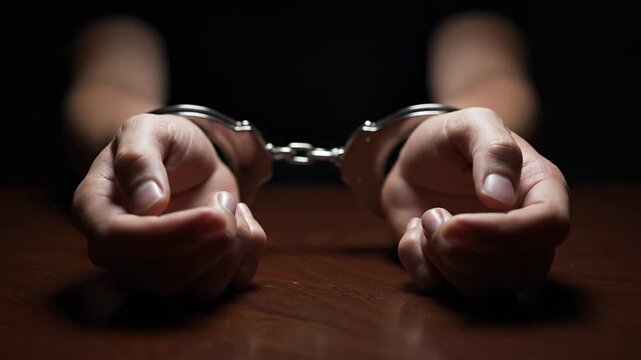 Hands in Handcuffs on Table - Close-up view of hands cuffed together with metal handcuffs, resting on a dark wooden surface. The low-key lighting creates a dramatic and serious atmosphere.