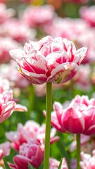 Fototapeta premium Vibrant pink and white tulip, showcasing delicate details in a garden setting.
