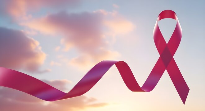 Pink Ribbon against Sunset Clouds for Breast Cancer Awareness and Hope
