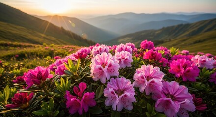 Obraz premium Sunrise over mountain range and pink rhododendron flowers
