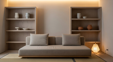 Minimalist wooden shelving and soft cushioned sofa in a modern cozy living room with natural light creating a clean tidy and elegant home interior design