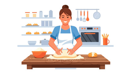 The Art of Baking: A cheerful woman, adorned in an apron, finds joy in the act of baking bread, skillfully kneading dough on a rustic wooden surface, creating culinary artistry.
