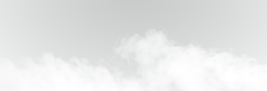 The image depicts various atmospheric phenomena such as fog, smoke, mist, and steam. The realistic 3D vector mockup shows a perspective view of white smog clouds.