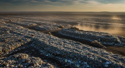 Aerial view of a massive landfill with heavy machinery in operation during golden hour.
