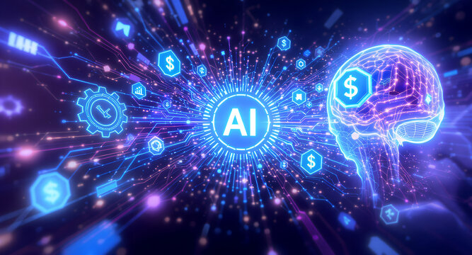 Futuristic ai brain with glowing neural network and digital currency symbols - Powered by Adobe