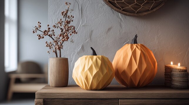modern halloween decor featuring minimalist elements and geometric pumpkin designs in a stylish indoor setting