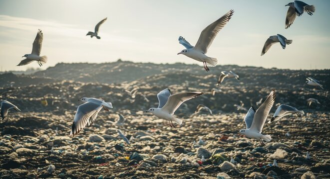 Seagulls soaring over a landfill on a sunny day