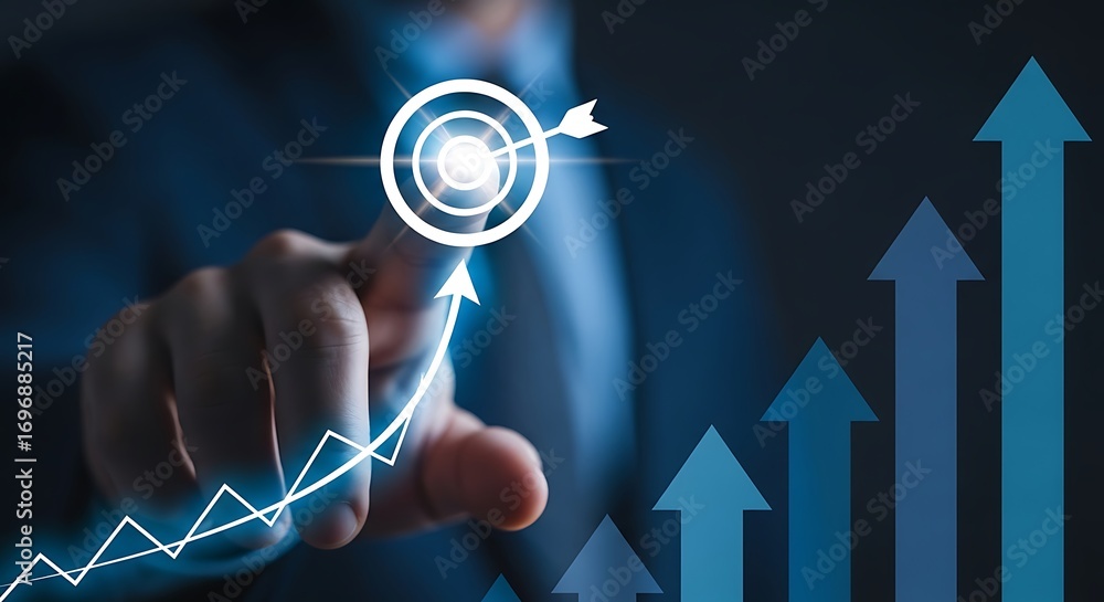Poster hand pointing at target with arrow and upward trending graph