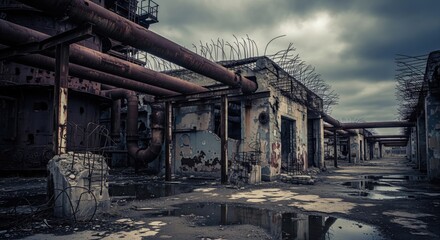 Fototapeta premium Abandoned industrial site under a stormy sky
