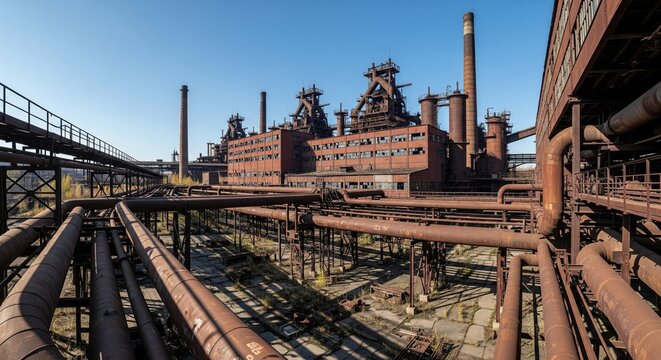 Industrial landscape with rusty pipes and factory structures