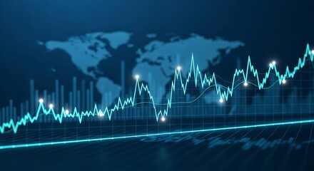 Naklejka premium Global financial market graph with world map and bar chart in blue tones