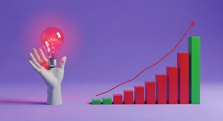 Hand holding glowing light bulb with rising bar chart and red arrow
