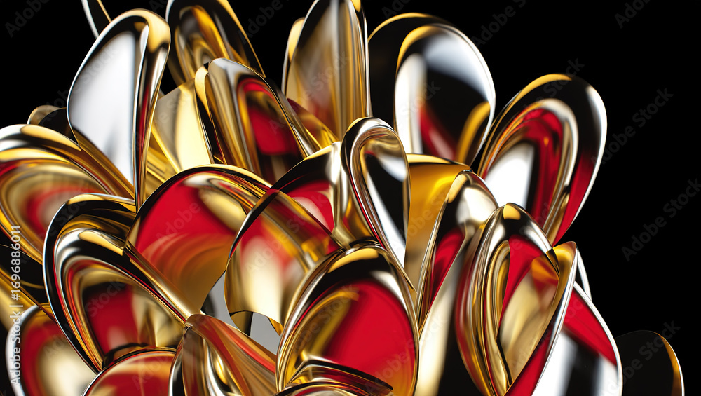 Poster an abstract composition of polished elements arranged in a dynamic pattern. glass or liquid metal, b