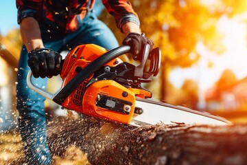 Person using a chainsaw to cut through a large log during a sunny autumn day in a forested area