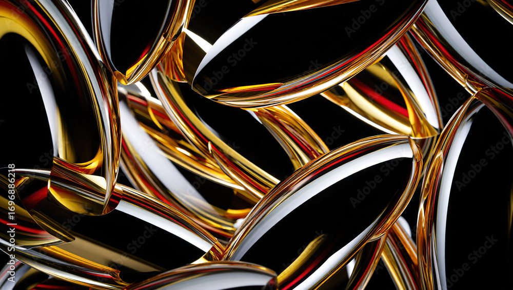 Poster an abstract composition of polished elements arranged in a dynamic pattern. glass or liquid metal, b