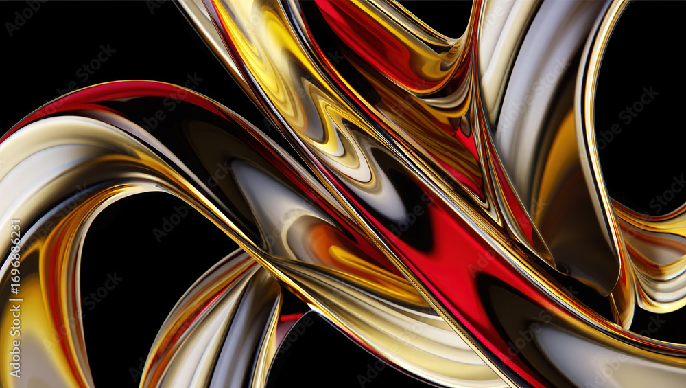Poster an abstract composition of polished elements arranged in a dynamic pattern. glass or liquid metal, b