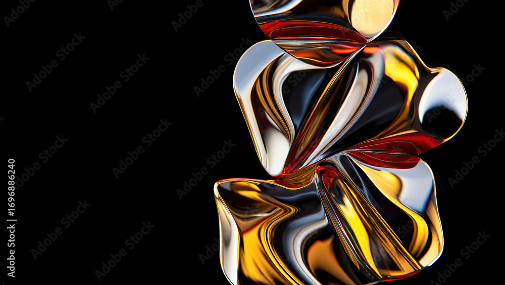 Poster an abstract composition of polished elements arranged in a dynamic pattern. glass or liquid metal, b