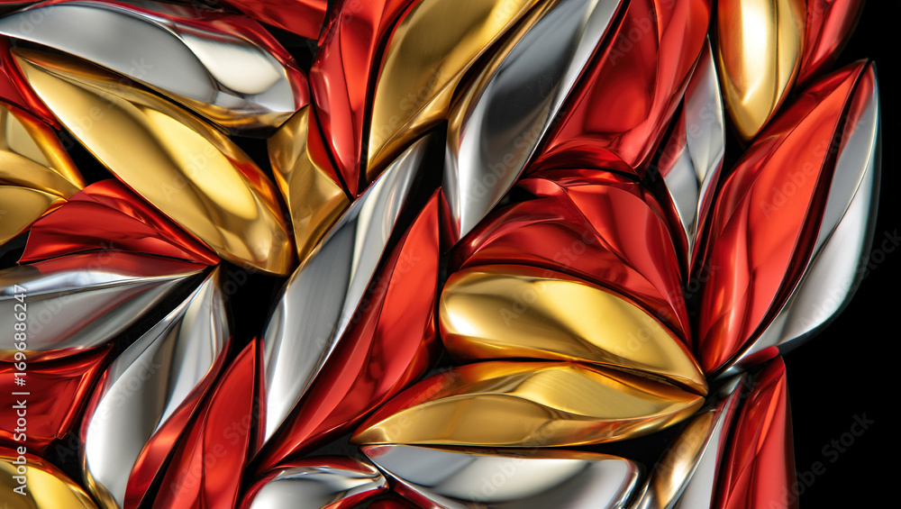 Poster an abstract composition of polished elements arranged in a dynamic pattern. glass or liquid metal, b
