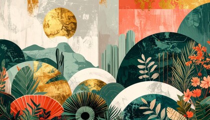 Abstract geometric backgrounds with floral motifs.