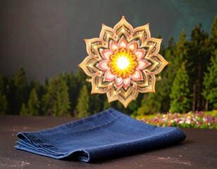 Floating mandala over a dark blue napkin