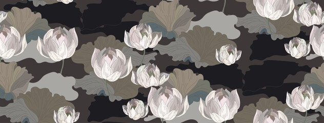 Vintage style flowers and leaves, seamless pattern on brown background	
