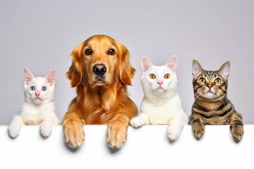 Three cats and dog peeking over white web banner. Copy and text space.