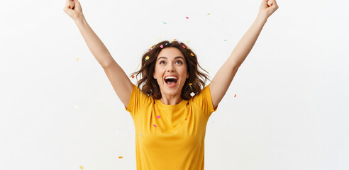 Excited young adult woman reacting to win, surprise news, screaming and cheering, triumphing, achieve goal and celebrating, standing over white background