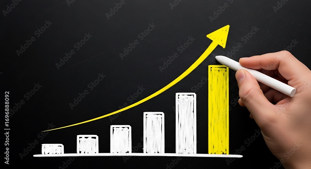 Poster hand drawing a rising bar graph with a yellow arrow on a black background