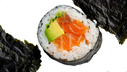 Closeup of a fresh and vibrant sushi roll, showcasing the perfect combination of salmon, avocado, and rice, wrapped in nori seaweed, a delightful culinary experience isolated on transparent background