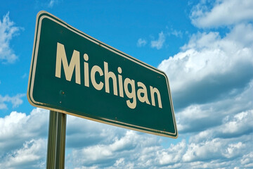 Scenic vista with Michigan entrance sign set against a vibrant blue sky and puffy clouds