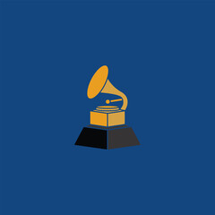 Golden Gramophone Trophy Icon on Blue Background, Music Award Vector Illustration Representing Achievement, Recognition, Entertainment, Concerts, Competitions and Celebrations
