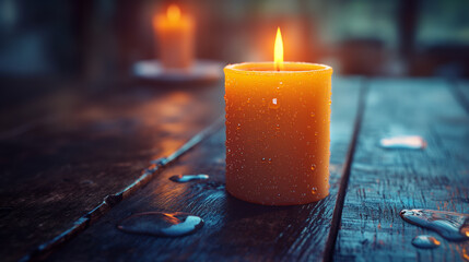 Lit candle on rustic wooden table. Warm ambiance with soft bokeh background. Perfect for relaxation, home decor, and cozy mood.