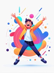 A joyful individual celebrating in colorful attire against an abstract background of vibrant colors