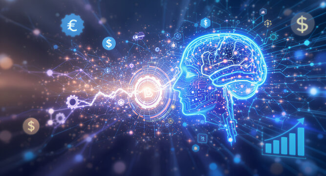 Futuristic digital brain with financial data and currency symbols representing artificial intelligence in finance