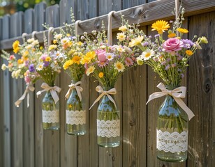 Fototapeta premium A rustic wooden fence adorned with hanging glass jars filled with colorful wildflowers and greenery. 