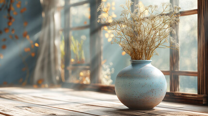 Soft sunlight on vase with dried flowers. Cozy window scene with rustic wooden table. Ideal for home decor and lifestyle themes.