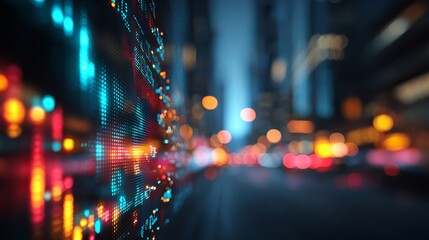 Dynamic digital stock market data display with vibrant city lights creating an energetic, modern financial backdrop for innovation and growth.