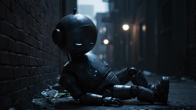 Lonely Robot in Urban Alley at Night - A weathered, small robot sits alone in a dimly lit urban alleyway at night.