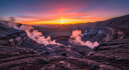 Volcanic landscape at sunset with steam rising from the crater and rugged terrain visible below ai generated