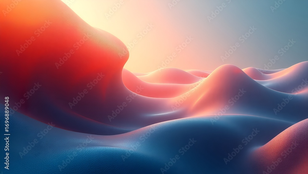 Poster futuristic curved mesh gradient blending red, beige, and blue tones, with dynamic flowing curves tha