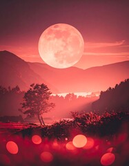 Pink moonlit mountain landscape