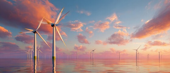 The wind turbines standing in calm ocean at colorful sunset with dramatic clouds