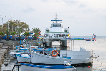 Small fishing boats and a passenger ferry rest peacefully in a quiet harbor lined with palm trees under an overcast sky.