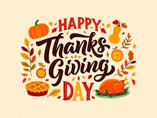 Happy thanksgiving day text with autumn elements decoration background.