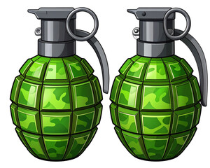 Stylized Cartoon Hand Grenades with Bold Outlines and Green Camouflage