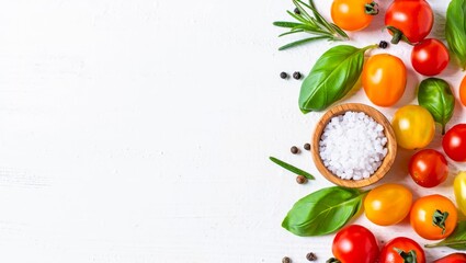 Food cooking background on white stone table. Fresh vegetables, herbs and spices. Long banner format with space for text.