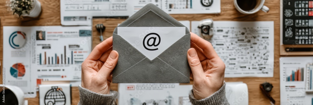 Poster a person holds an envelope with a symbol for addressing the address, the envelope is placed on a tab